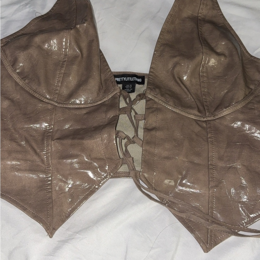 PrettyLittleThing Tan Faux Leather Lace-Up Top